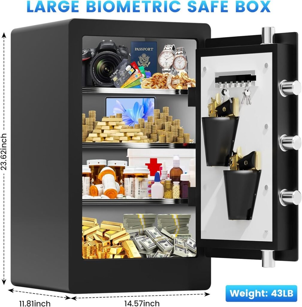 23.62 Tall Large Biometric Fireproof Safe for Home Use, Quick-Access Fingerprint Safe Box with Fireproof Document Bag, 3 Removable Shelves and Dual Alert, Security Safety Box for Home Office 23.62 Tall Large Biometric Fireproof Safe for Home Use, Quick-Access Fingerprint Safe Box with Fireproof Document Bag, 3 Removable Shelves and Dual Alert, Security Safety Box for Home Office