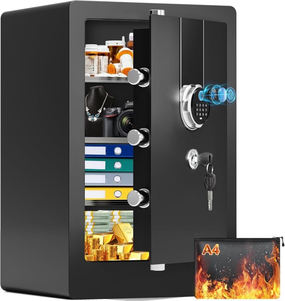 23.62 Tall Large Biometric Fireproof Safe for Home Use, Quick-Access Fingerprint Safe Box with Fireproof Document Bag, 3 Removable Shelves and Dual Alert, Security Safety Box for Home Office 23.62 Tall Large Biometric Fireproof Safe for Home Use, Quick-Access Fingerprint Safe Box with Fireproof Document Bag, 3 Removable Shelves and Dual Alert, Security Safety Box for Home Office