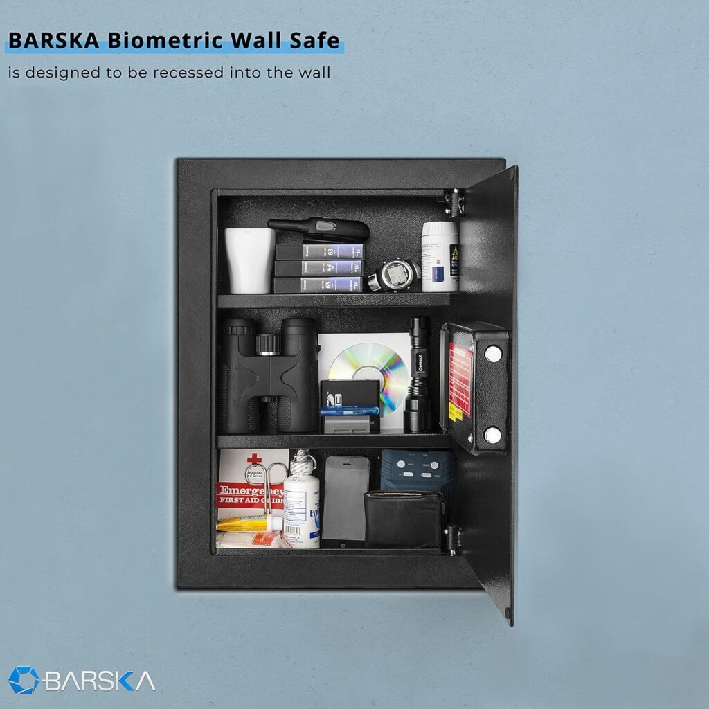 Barska Biometric Fingerprint Steel Wall Safe with Adjustable Shelves – DOJ Certified with Pry-Resistant Deadbolts, Mountable for Home, Office, and Business Use Barska Biometric Fingerprint Steel Wall Safe with Adjustable Shelves – DOJ Certified with Pry-Resistant Deadbolts, Mountable for Home, Office, and Business Use