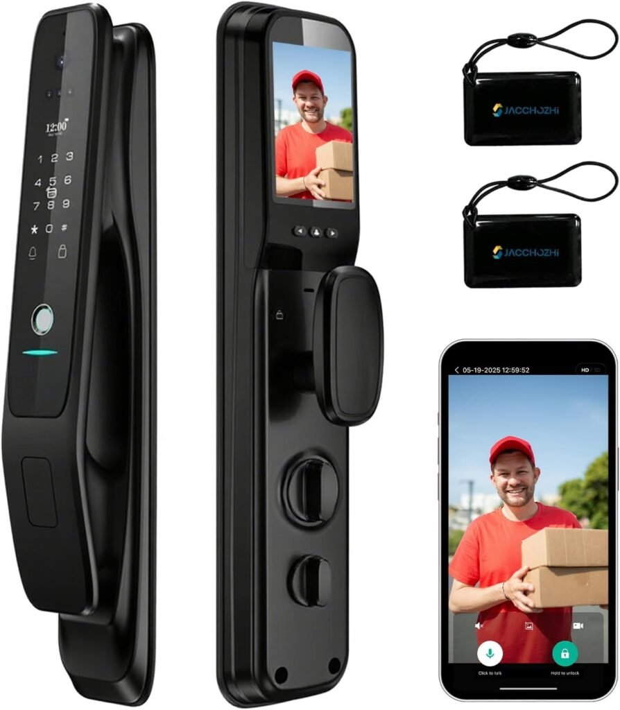 Jacchozhi 3D Face Recognition Smart Lock with Camera,Keypad Door Lock with Handle, Keyless Entry Fingerprint Smart Mortise Lock for Front Door,Electronic Deadbolt,Video Doorbell,HD Screen,Waterproof Jacchozhi 3D Face Recognition Smart Lock with Camera,Keypad Door Lock with Handle, Keyless Entry Fingerprint Smart Mortise Lock for Front Door,Electronic Deadbolt,Video Doorbell,HD Screen,Waterproof