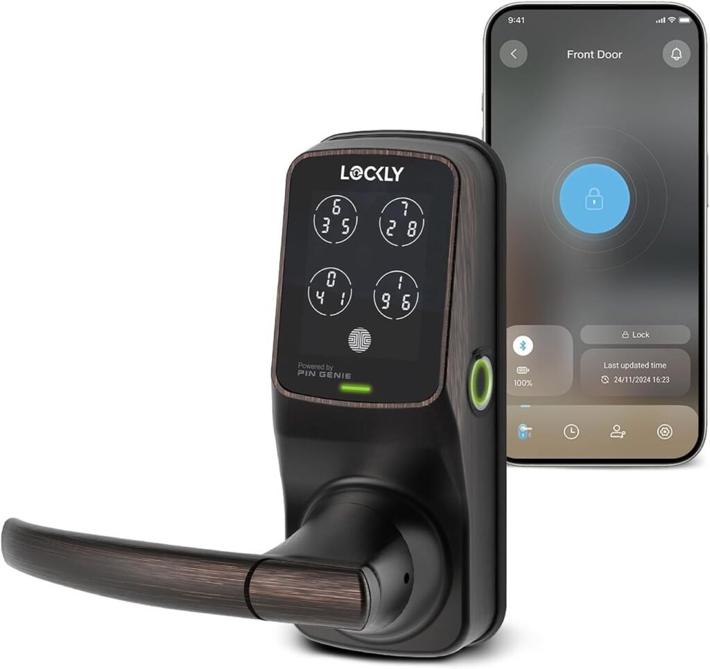 Lockly Secure Plus Bluetooth Smart Door Lock, Keyless Entry with PIN Genie® Digital Keypad, 3D Biometric Fingerprint Sensor Front Door Lock with Handle, Voice Control  Auto Lock - Latch Edition