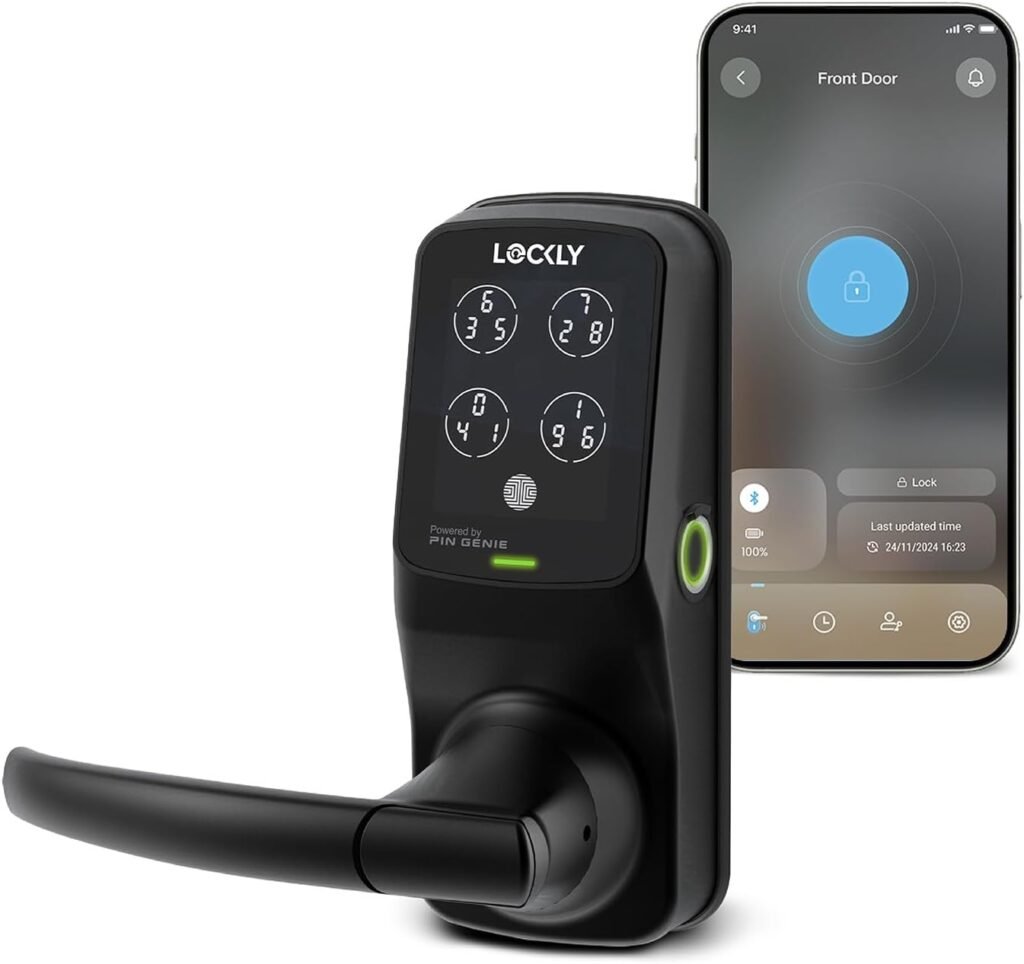 Lockly Secure Plus Bluetooth Smart Door Lock, Keyless Entry with PIN Genie® Digital Keypad, 3D Biometric Fingerprint Sensor Front Door Lock with Handle, Voice Control  Auto Lock - Latch Edition