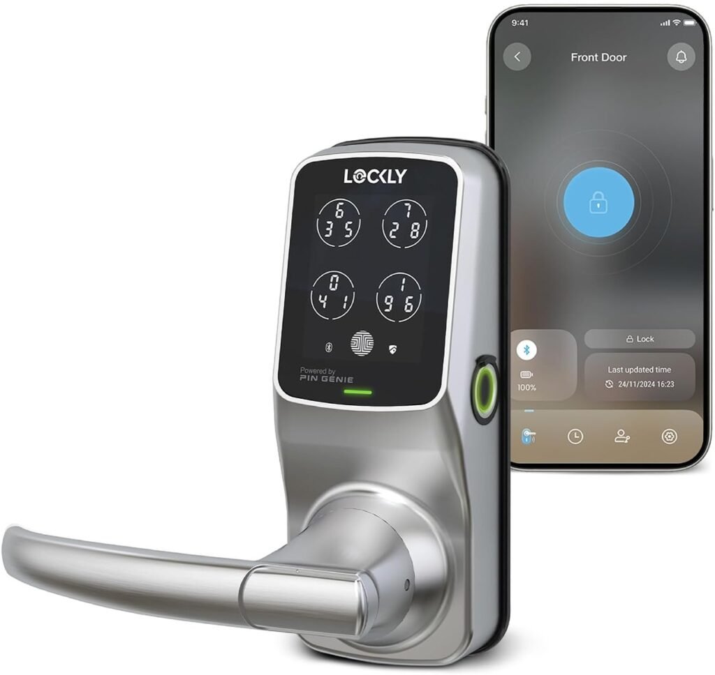 Lockly Secure Plus Bluetooth Smart Door Lock, Keyless Entry with PIN Genie® Digital Keypad, 3D Biometric Fingerprint Sensor Front Door Lock with Handle, Voice Control  Auto Lock - Latch Edition