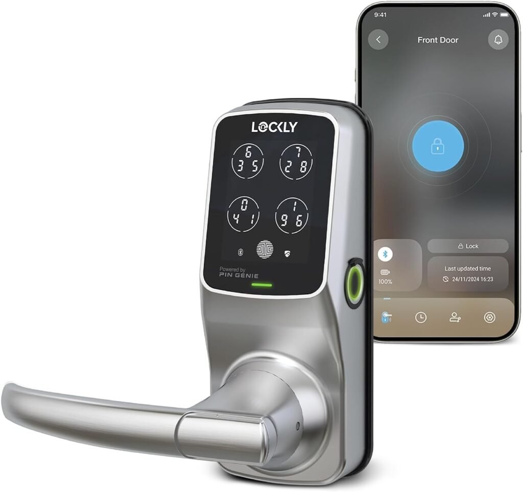 Lockly Secure Plus Smart Lock Bluetooth, 3D Biometric Fingerprint Sensor Front Door Lock with Handle, Digital Keypad Keyless Entry Door Lock, Voice Control  Auto Lock - Latch Edition