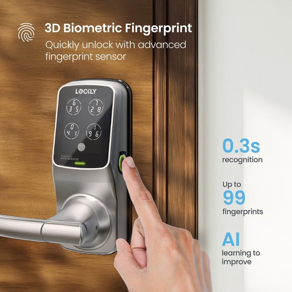 Lockly Secure Plus with Touchscreen Cover, Keyless Entry with PIN Genie® Digital Keypad, 3D Biometric Fingerprint Sensor Front Door Lock with Handle, Voice Control  Auto Lock - Latch Edition