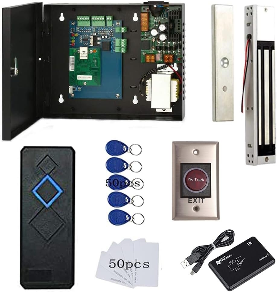 MENGQI-CONTROL 1 Door Access Control System 600lbs Magnetic Lock Access Control Panel 110V Power Supply Box RFID Reader No Touch Exit Button Enroll USB Reader Card Key Fob Phone APP Remotely Open Lock