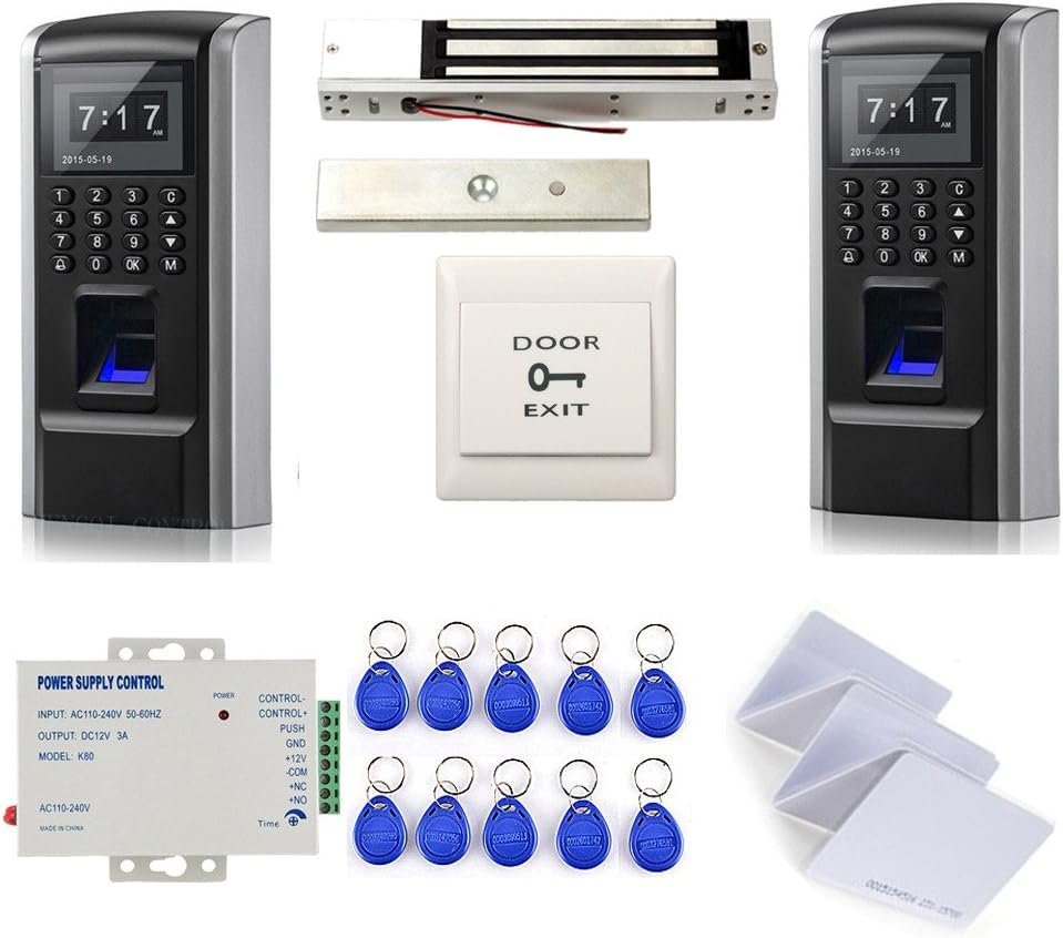 MENGQI-CONTROL Tracking in and Out Biometric Fingerprint/RFID/PIN Access Control System with 600LBS Force Electric Magnetic Lock + 110-240V Power Supply+RFID Cards+ Keyfobs+Exit Button