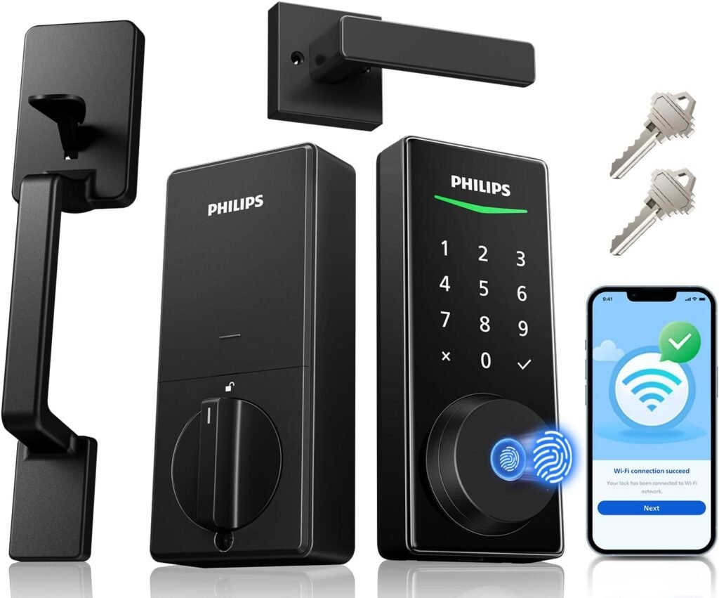 Philips WiFi Smart Lock with Front Door Handle Set, Built-in WiFi, APP Remote Voice Control, Fingerprint Keyless Entry Door Lock, Keypad Deadbolt Smart Locks for Front Door, Auto-Lock, Backup 2 Keys Philips WiFi Smart Lock with Front Door Handle Set, Built-in WiFi, APP Remote Voice Control, Fingerprint Keyless Entry Door Lock, Keypad Deadbolt Smart Locks for Front Door, Auto-Lock, Backup 2 Keys