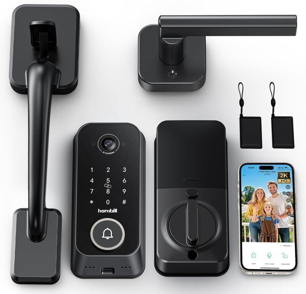 Smart Front Door Lock Sets: 2K HD Camera Lock with Doorbell Kits, Hornbill Fingerprint Keyless Entry Door Lock with Handles, WiFi Deadbolt(only 2.4G) for Remote Control, Free APP/Alexa/PIR, Black Smart Front Door Lock Sets: 2K HD Camera Lock with Doorbell Kits, Hornbill Fingerprint Keyless Entry Door Lock with Handles, WiFi Deadbolt(only 2.4G) for Remote Control, Free APP/Alexa/PIR, Black