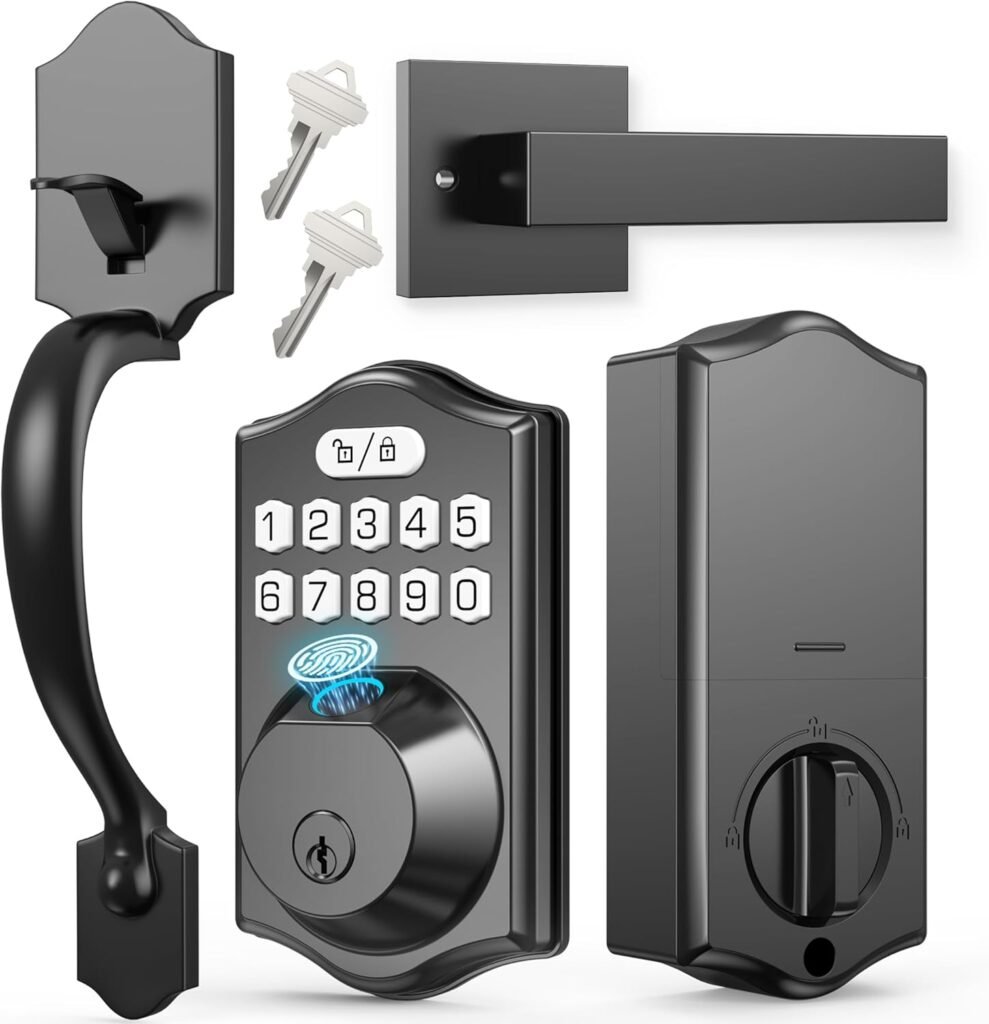 APP Fingerprint Door Lock Set, Keyless Entry Door Lock, Front Handle Set, Electronic Keypad Deadbolt with 2 Keys, Auto-Locking, One-time Codes, Easy to Install (Black, APP Control)