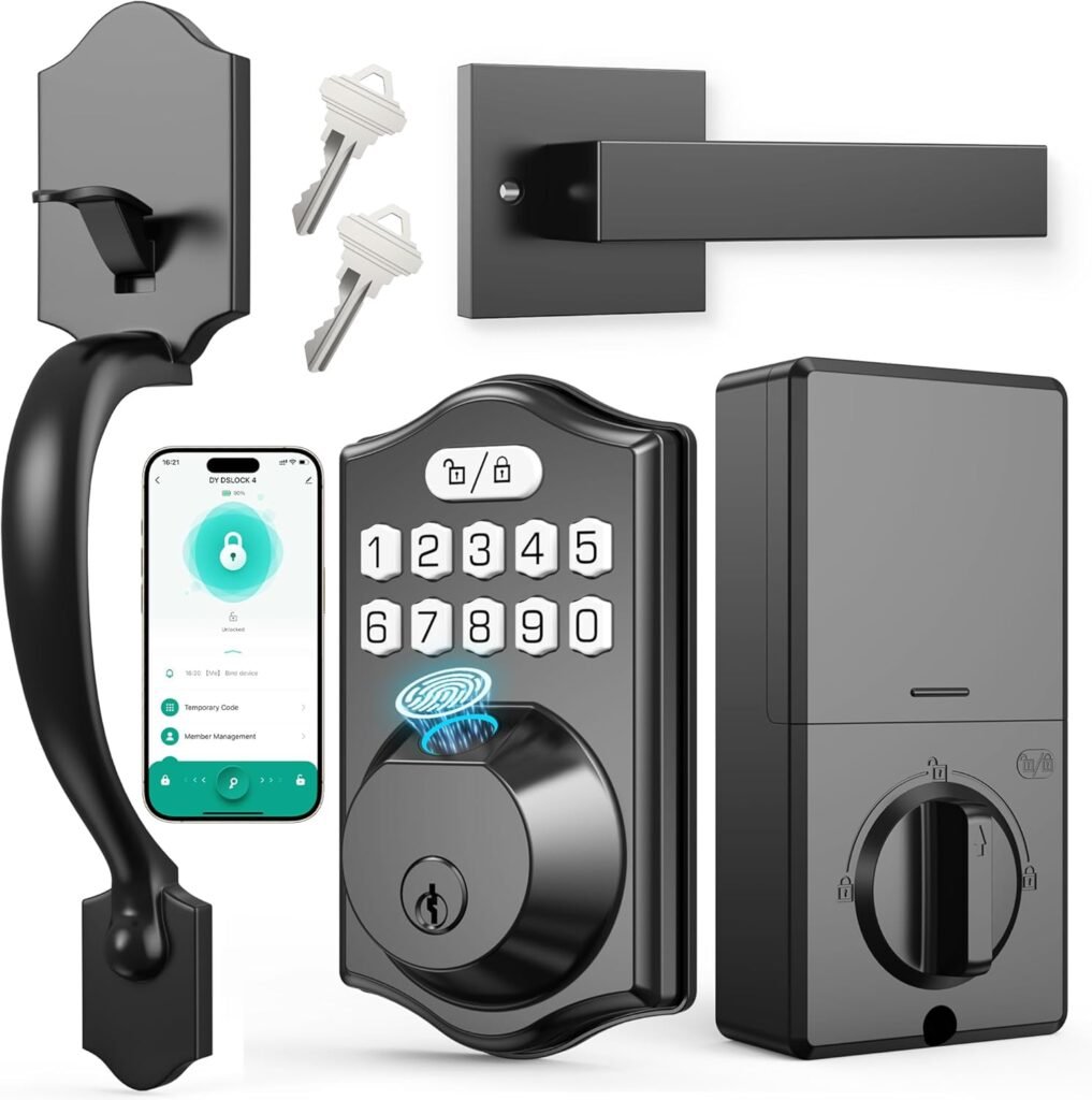 APP Fingerprint Door Lock Set, Keyless Entry Door Lock, Front Handle Set, Electronic Keypad Deadbolt with 2 Keys, Auto-Locking, One-time Codes, Easy to Install (Black, APP Control)