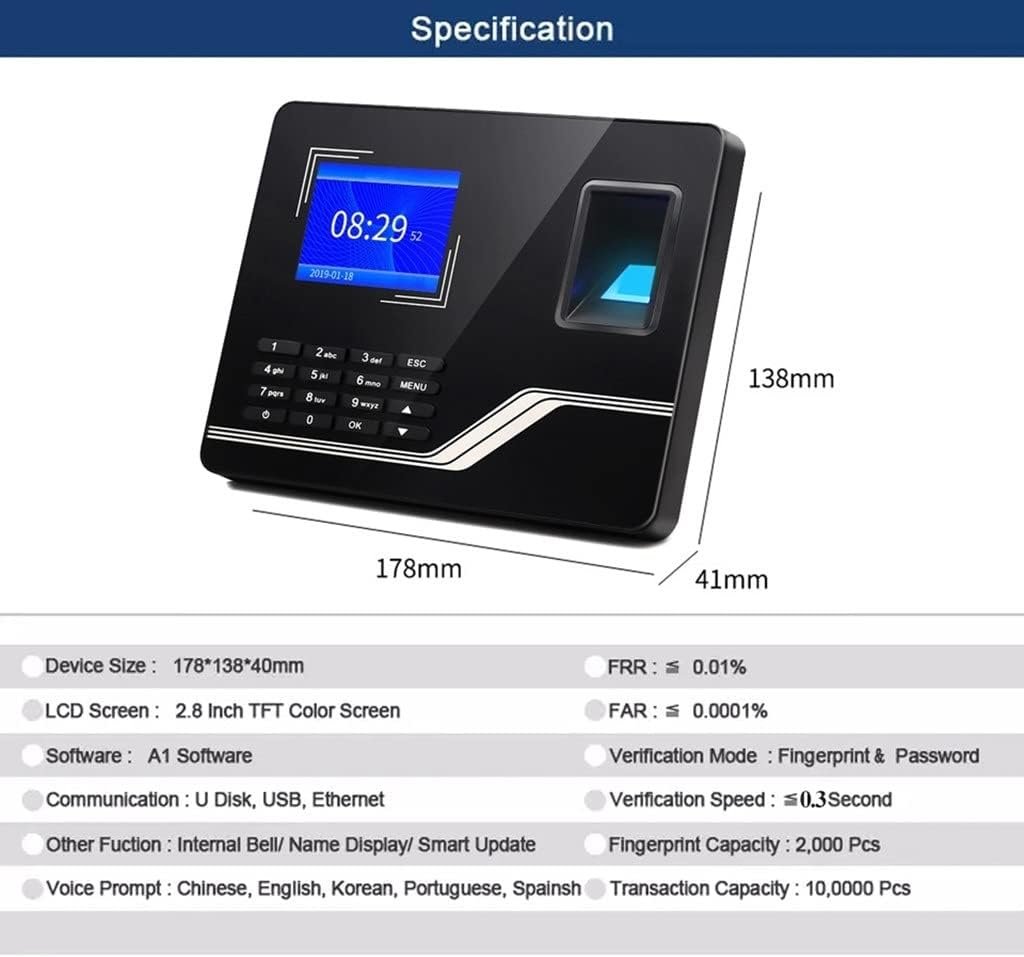 Attendance Fingerprint Password Access Control Office Time Clock Recorder Device Biometric Machine