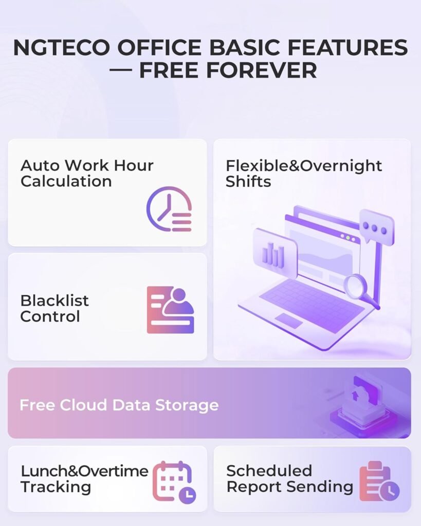 NGTeco Time Clock Cloud-Based with Tuch Screen, 4-in-1 Remote Control Time Clocks for Employees Small Business, Face/Fingerprint/Card/PIN, 2.4GHz5GHz WiFi, Software App, 10 IC Cards, 0 Monthly Fee NGTeco Time Clock Cloud-Based with Tuch Screen, 4-in-1 Remote Control Time Clocks for Employees Small Business, Face/Fingerprint/Card/PIN, 2.4GHz5GHz WiFi, Software App, 10 IC Cards, 0 Monthly Fee