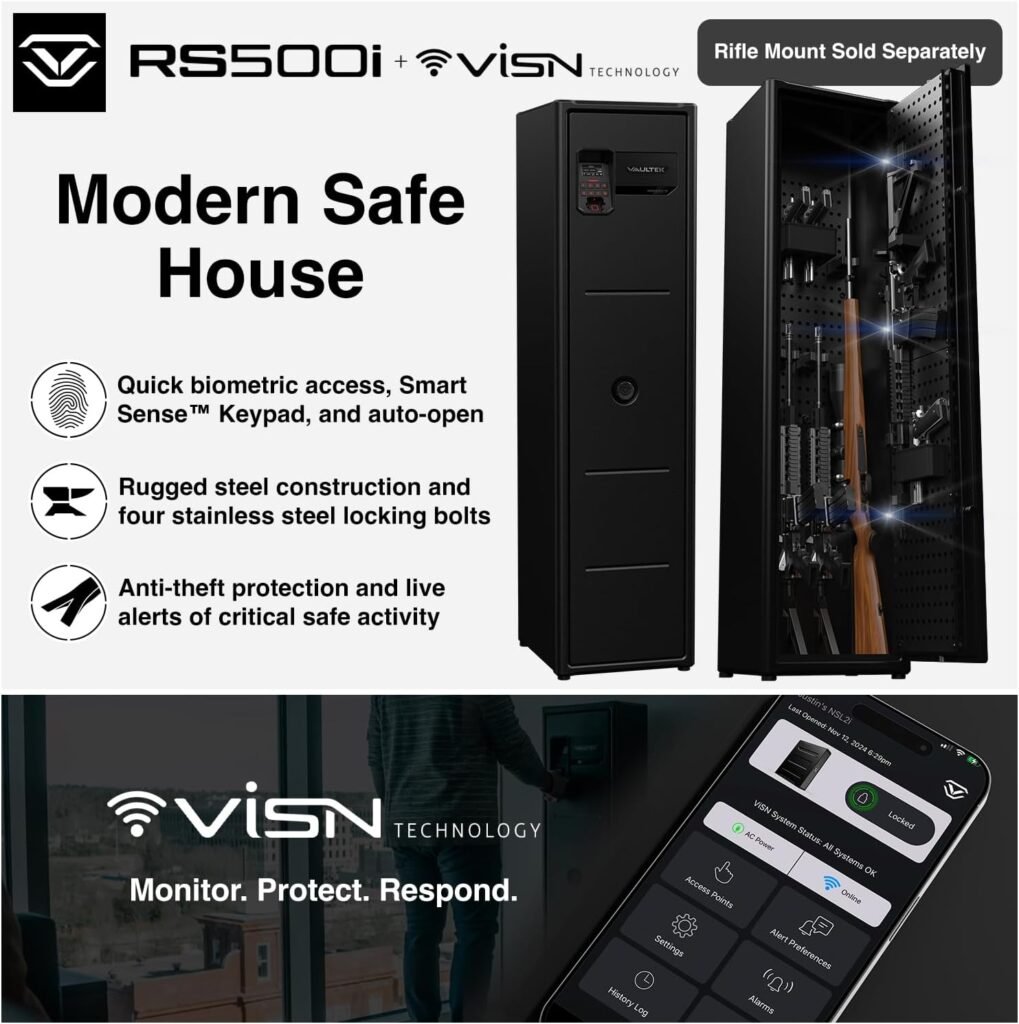 VAULTEK RS500i Compact Quick Access Biometric Rifle Safe with Modular Interior, ViSN Smart WiFi, Live Alerts, Auto-Open Door,  Anti-Theft Protection, Modular High Capacity Safe / ViSN RS500i