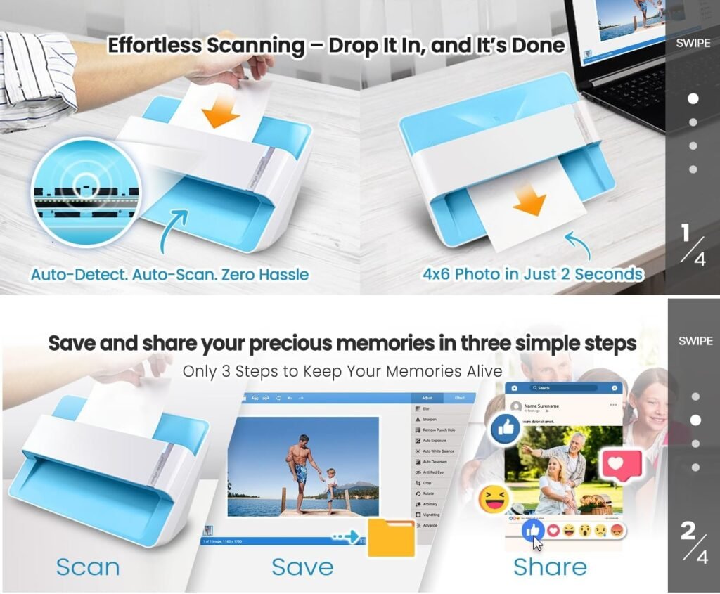 Plustek Photo Scanner ePhoto Z300, Scans 4x6 inch Photos in 2 Seconds, Auto crop and deskew with CCD Sensor, Supports Mac and PC