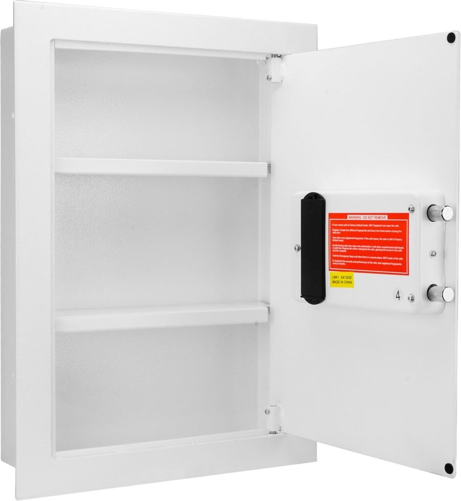 Barska White Biometric Wall Safe with Right Opening Door – Fingerprint Access Safe with User Memory, Solid Steel Construction, Motorized Deadbolts  Removable Shelves - In Wall safe, Hidden safe