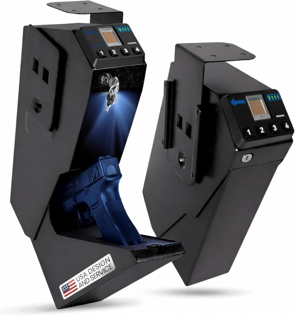 Biometric Handgun Gun Safe with FBI-Certified Fingerprint Sensor, Quick Access Pistol Safe for Bedside Home Defense, Anti-Spoof Security, Silent Mode, LED, Key Backup Viking Security Safe VS-11PZ