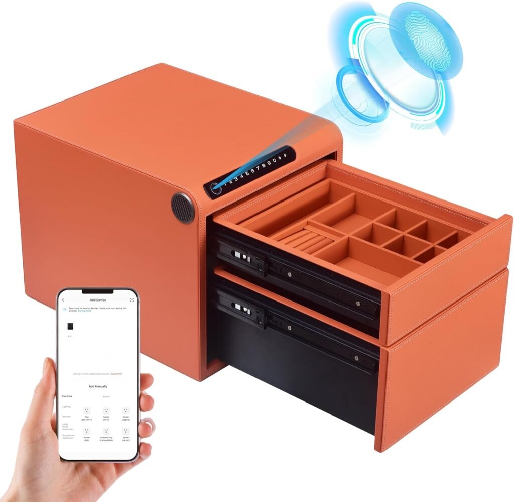 Jewelry Safe with Drawers，Biometric Fingerprint safe, Slide-Away Handgun Safe for Pistols, Leather Wrapped Jewelry Storage Safe, Digital Keypad  Quick-Access Drawer(Orange- Drawer)