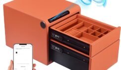 Jewelry Safe with Drawers，Biometric Fingerprint safe, Slide-Away Handgun Safe for Pistols, Leather Wrapped Jewelry Storage Safe, Digital Keypad & Quick-Access Drawer(Orange- 2 Drawer)