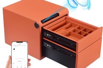Jewelry Safe with Drawers，Biometric Fingerprint safe, Slide-Away Handgun Safe for Pistols, Leather Wrapped Jewelry Storage Safe, Digital Keypad & Quick-Access Drawer(Orange- 2 Drawer)