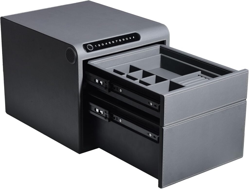 Jewelry Safe with Drawers，Biometric Fingerprint safe, Slide-Away Handgun Safe for Pistols, Leather Wrapped Jewelry Storage Safe, Digital Keypad  Quick-Access Drawer(Orange- Drawer)