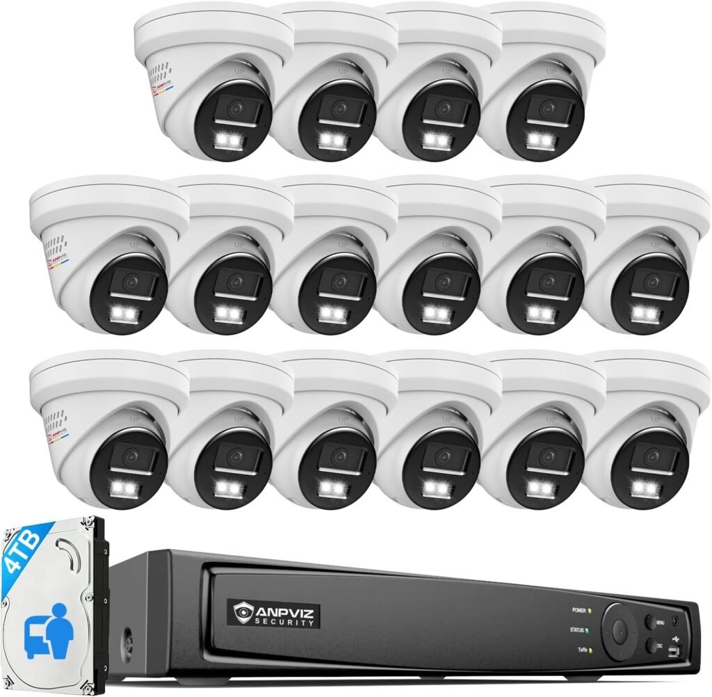 【Active Deterrent 2-Way Audio】 Anpviz 16CH PoE Security Camera System, 16X 5MP Wired IP Turret Cameras Outdoor Metal, 12MP NVR with 4TB HDD, Human/Vehicle Detection, PlugPlay for Business 【Active Deterrent 2-Way Audio】 Anpviz 16CH PoE Security Camera System, 16X 5MP Wired IP Turret Cameras Outdoor Metal, 12MP NVR with 4TB HDD, Human/Vehicle Detection, PlugPlay for Business