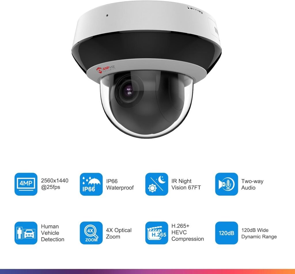 Anpviz 4MP PoE PTZ IP Camera, Dome Wired Security Camera, 4X Optical Zoom | Perimeter Protection, Human Vehicle Detection, 4MP@30fps, Way Audio, 350° Pan 90° Tilt, Card Slot, WDR, PTZIP204WX4IR-SU Anpviz 4MP PoE PTZ IP Camera, Dome Wired Security Camera, 4X Optical Zoom | Perimeter Protection, Human Vehicle Detection, 4MP@30fps, Way Audio, 350° Pan 90° Tilt, Card Slot, WDR, PTZIP204WX4IR-SU