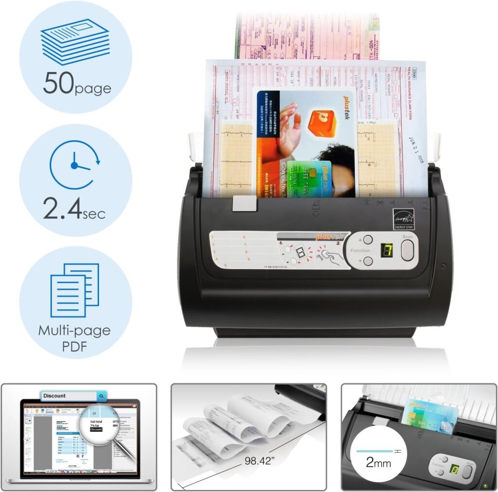 Plustek PS186 Desktop Document Scanner, with 50-Pages Auto Document Feeder (ADF). for Windows/8 //11 (Intel/AMD only)